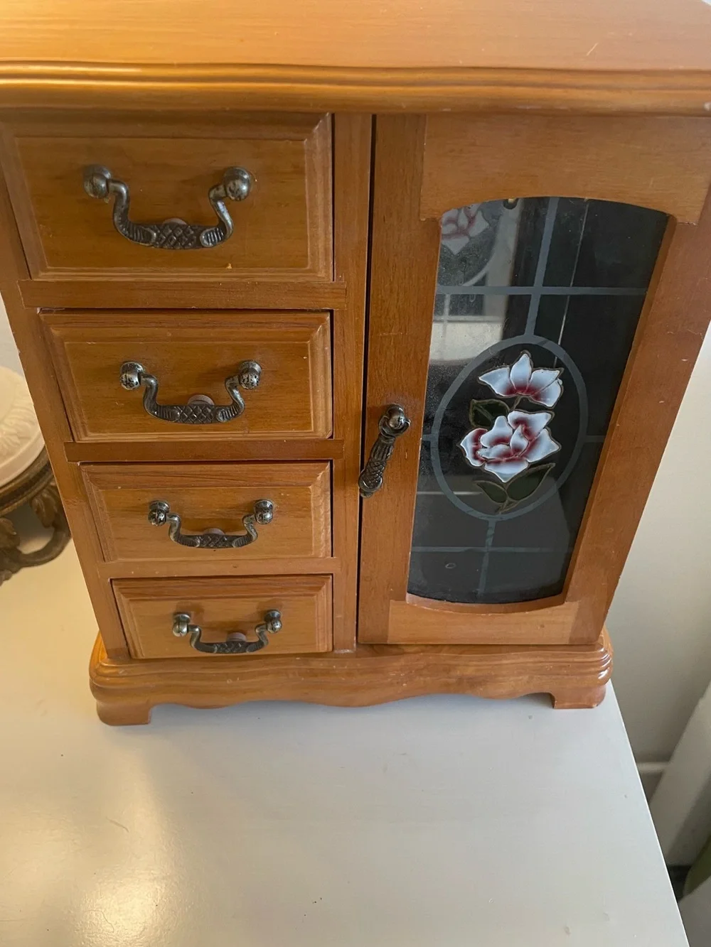 Wood Jewelry Chest with 4 Drawers & Rose Glass Door with Necklace Wheel Vintage